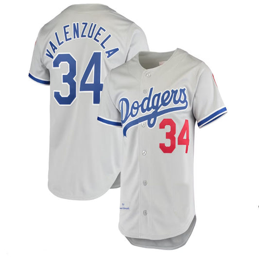 Los Angeles Dodgers #34 Fernando Valenzuela Mitchell & Ness Road 1981 Cooperstown Collection Authentic Jersey - Gray Baseball Jerseys