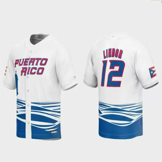 #12 Francisco Lindor Puerto Rico Baseball 2023 World Baseball Classic Replica Jersey – White Stitches Baseball Jerseys