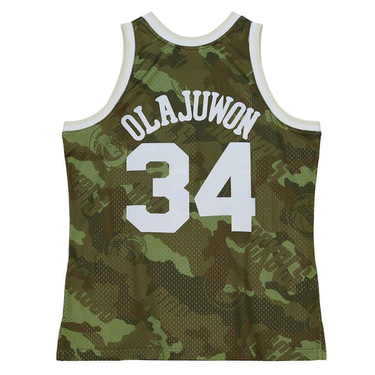 H.Rockets #34 Hakeem Olajuwon Mitchell & Ness Unisex Hardwood Classics 1993-94 Ghost Green Swingman Jersey  Camo Stitched American Basketball Jersey