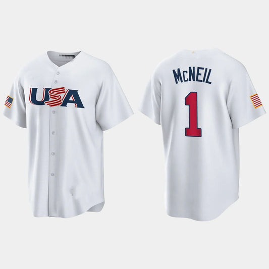 #1 JEFF MCNEIL NEW YORK METS 2023 WORLD BASEBALL CLASSIC USA REPLICA JERSEY – WHITE Stitches Baseball Jerseys