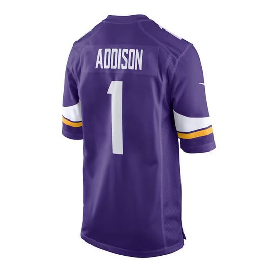 MN.Vikings #1 Jordan Addison 2023 Draft First Round Pick Game Jersey - Purple Stitched American Football Jerseys