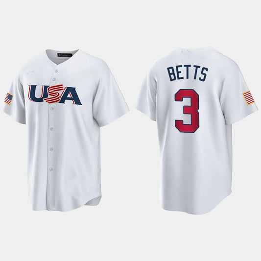 #3 MOOKIE BETTS LOS ANGELES DODGERS 2023 WORLD BASEBALL CLASSIC USA REPLICA JERSEY – WHITE Stitches Baseball Jerseys