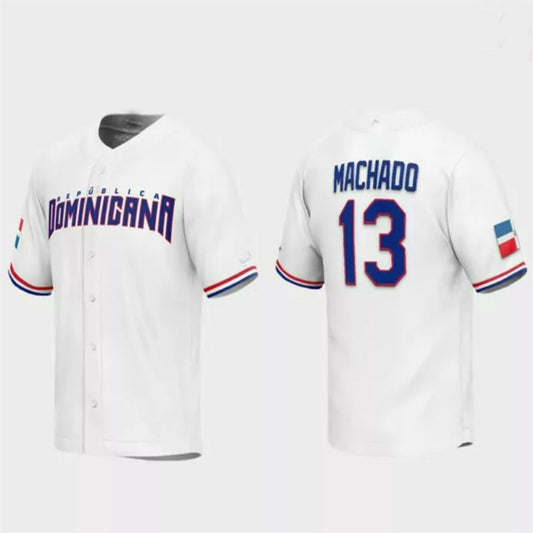 #13 Manny Machado Dominican Republic Baseball 2023 World Baseball Classic Replica Jersey – White Stitches Baseball Jerseys