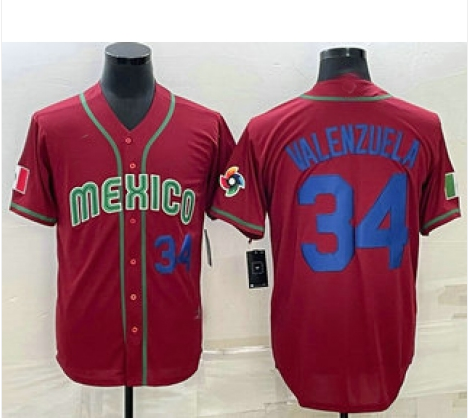 Mexico Baseball #34 Fernando Valenzuela Number 2023 World Red Blue Baseball Classic Stitched Jerseys Baseball Jerseys