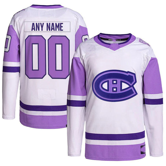 Custom M.Canadiens Hockey Fights Cancer Primegreen Authentic Jersey  White Purple Stitched American Hockey Jerseys