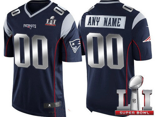 NE.Patriots Navy Blue Steel Silver 2017 Super Bowl LI Custom Limited Jersey Stitched Football Jerseys