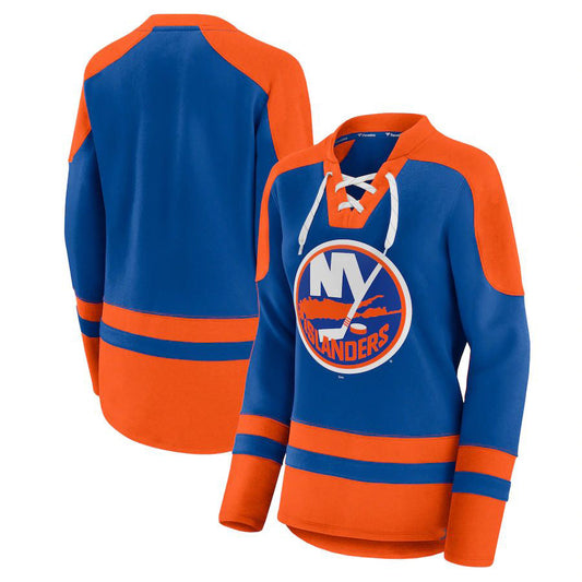 NY.Islanders Fanatics Branded Net Gain Fleece V-Neck Pullover Sweatshirt RoyalOrange Stitched American Hockey Jerseys