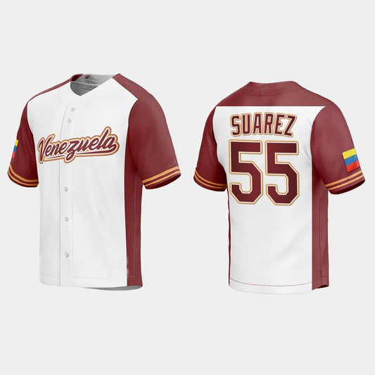 #55 RANGER SUAREZ VENEZUELA BASEBALL 2023 WORLD BASEBALL CLASSIC REPLICA JERSEY – WHITE Stitches Baseball Jerseys