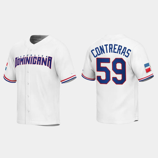 #59 ROANSY CONTRERAS DOMINICAN REPUBLIC BASEBALL 2023 WORLD BASEBALL CLASSIC REPLICA JERSEY – WHITE Stitches Baseball Jerseys