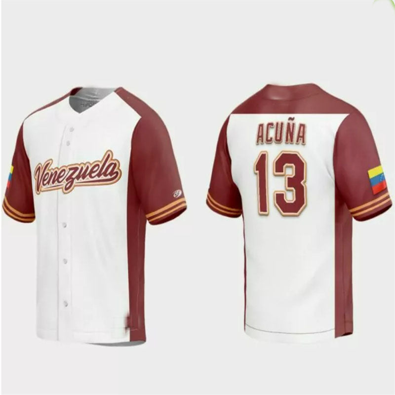 #13 Ronald Acuna Jr. Venezuela Baseball 2023 World Baseball Classic Replica Jersey – White Burgundy Stitches Baseball Jerseys