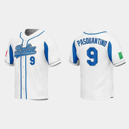 #9 VINNIE PASQUANTINO ITALY BASEBALL 2023 WORLD BASEBALL CLASSIC JERSEY – WHITE Stitches Baseball Jerseys