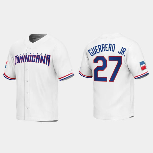 #27 VLADIMIR GUERRERO JR. DOMINICAN REPUBLIC BASEBALL 2023 WORLD BASEBALL CLASSIC REPLICA JERSEY – WHITE Stitches Baseball Jerseys