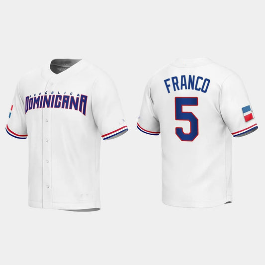 #5 WANDER FRANCO DOMINICAN REPUBLIC BASEBALL 2023 WORLD BASEBALL CLASSIC REPLICA JERSEY – WHITE Stitches Baseball Jerseys