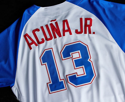 Atlanta Braves #13 Ronald Acuna Jr. WHITE Navy Alternate Authentic Player Jersey Stitches Baseball Jerseys